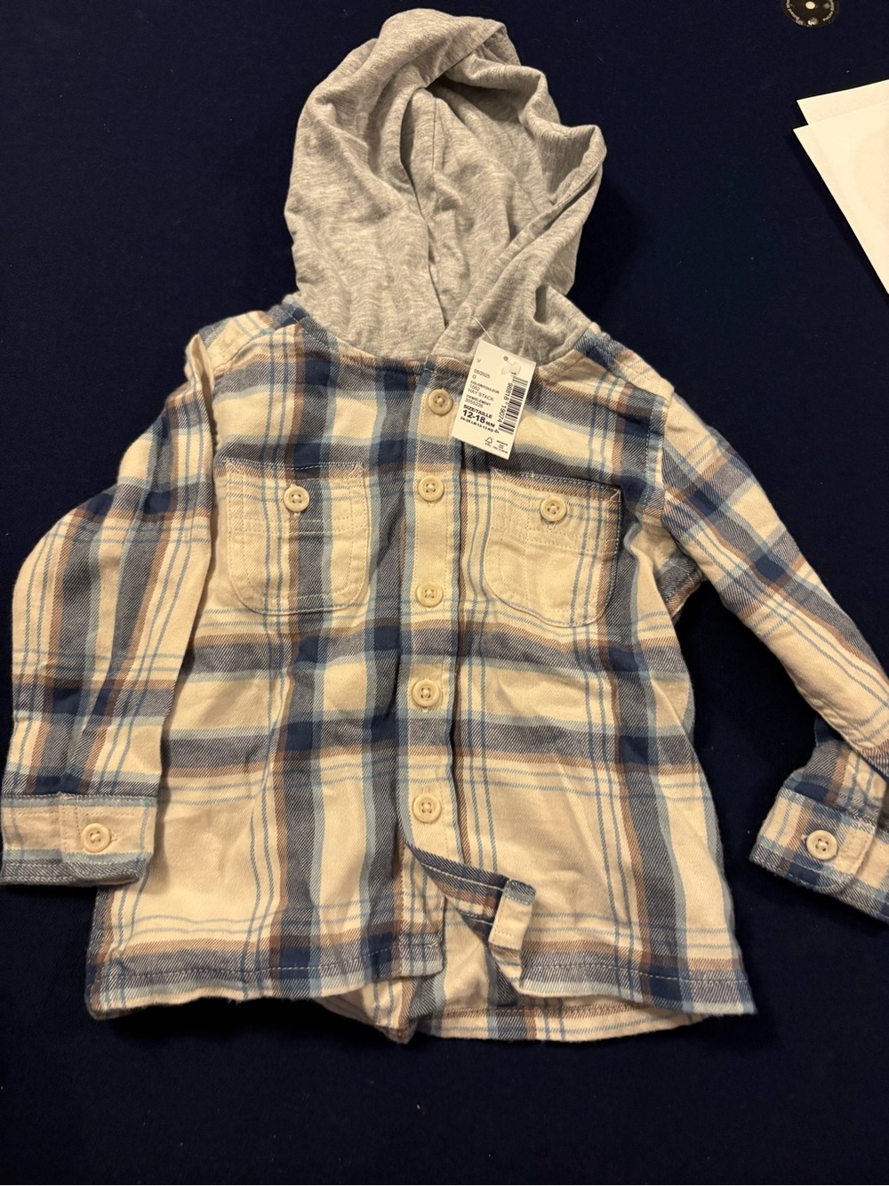 Toddler Plaid Hooded Button-Up Shirt Jacket - Cream & Blue NWT